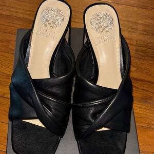 Vince Camuto Black Leather Mules with Crisscross Design